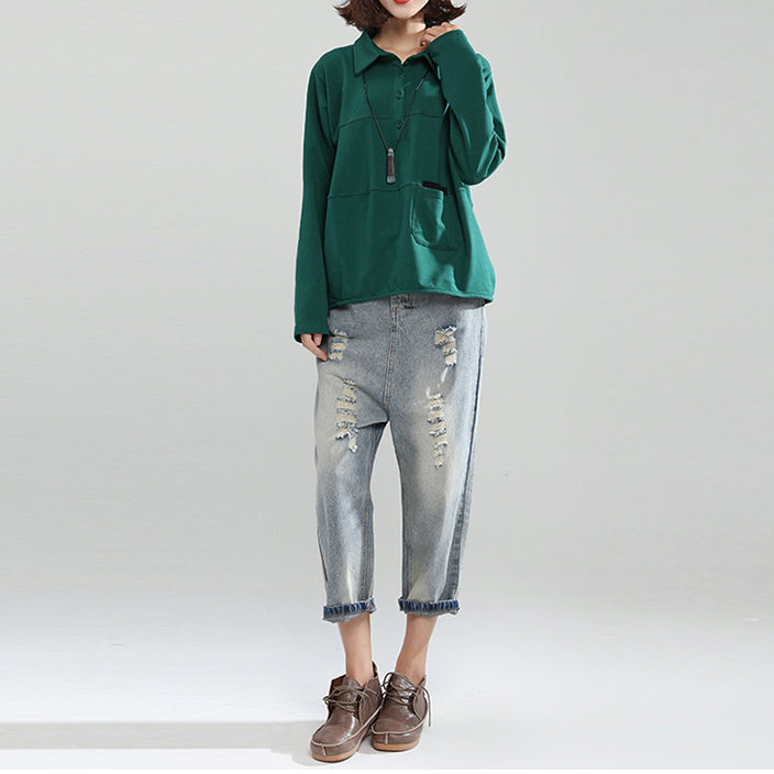 2025 blackish green cotton casual tops baggy loose patchwork shirt tops