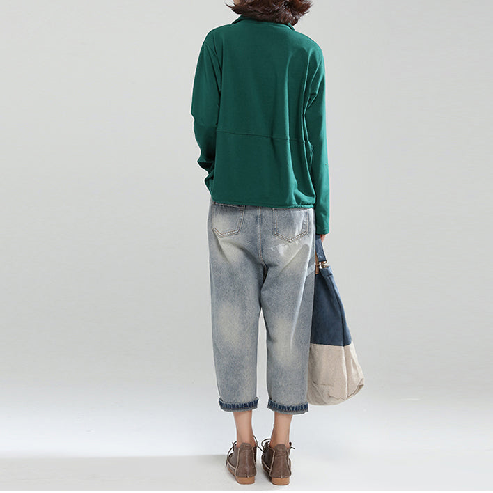 2025 blackish green cotton casual tops baggy loose patchwork shirt tops