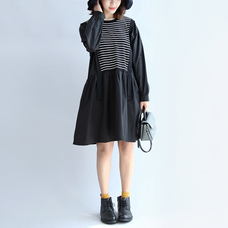2025 dark striped knit patchwork cotton dresses plus size o neck casual dress