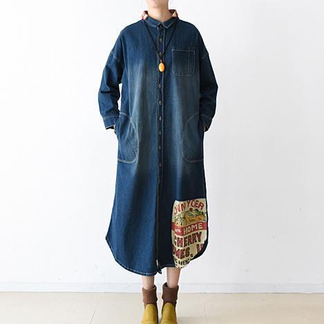 2025 fall denim dresses plus size long patchwork denim shirt dress casual style