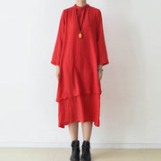 2025 fall red cotton dresses layered long maxi dress vintage high neck design
