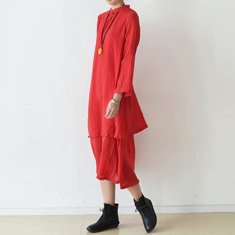 2025 fall red cotton dresses layered long maxi dress vintage high neck design