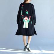 2025 winter black thick cotton dresses plus size prints long sleeve side open  casual shift dress