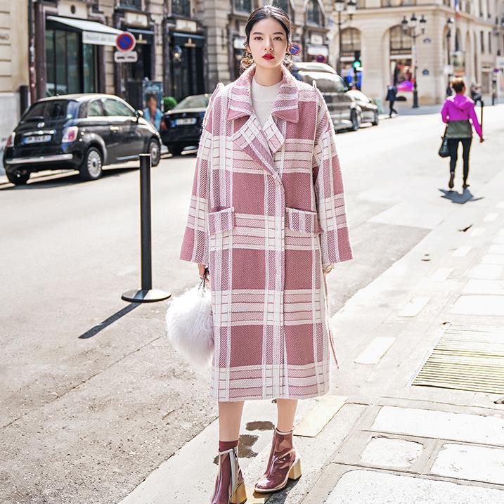 2018 Plaid Wool Coat casual Notched tie waist maxi coat Fashion pockets coat - SooLinen