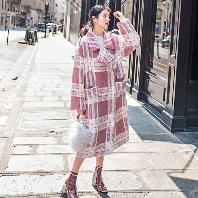 2018 Plaid Wool Coat casual Notched tie waist maxi coat Fashion pockets coat - SooLinen