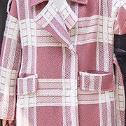 2018 Plaid Wool Coat casual Notched tie waist maxi coat Fashion pockets coat - SooLinen