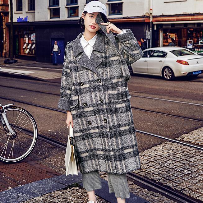 2018 Plaid coat Loose fitting Notched Winter coat Fine double breasted pockets Coats - SooLinen