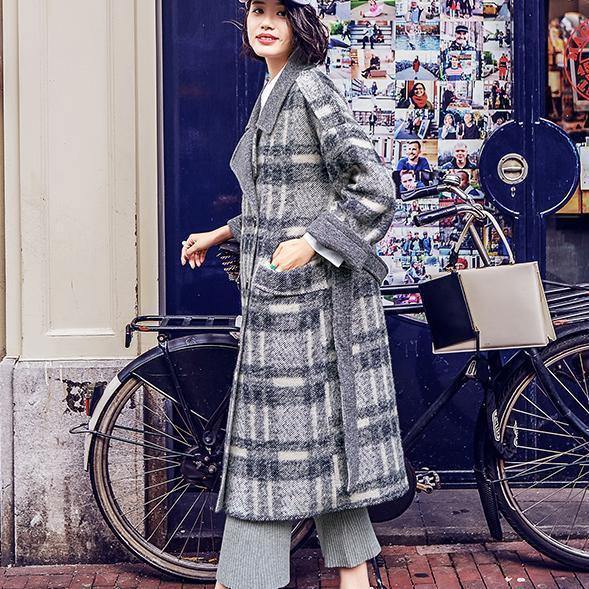 2018 Plaid coat Loose fitting Notched Winter coat Fine double breasted pockets Coats - SooLinen