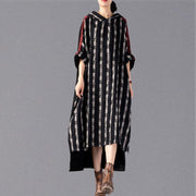 2019 black Plaid long plus size Hooded cotton linen clothing dress New patchwork autumn dress - SooLinen