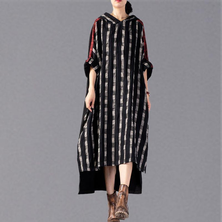 2019 black Plaid long plus size Hooded cotton linen clothing dress New patchwork autumn dress - SooLinen