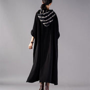 2019 black Plaid long plus size Hooded cotton linen clothing dress New patchwork autumn dress - SooLinen