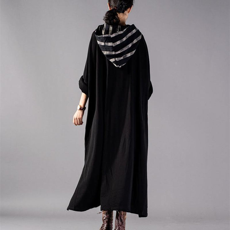 2019 black Plaid long plus size Hooded cotton linen clothing dress New patchwork autumn dress - SooLinen