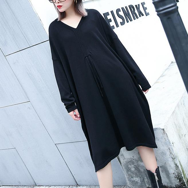 2019 black natural plus size baggy dresses vintage V neck drawstring natural cotton blended dress - SooLinen