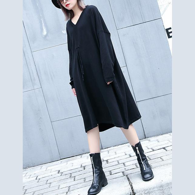 2019 black natural plus size baggy dresses vintage V neck drawstring natural cotton blended dress - SooLinen