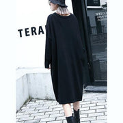 2019 black natural plus size baggy dresses vintage V neck drawstring natural cotton blended dress - SooLinen