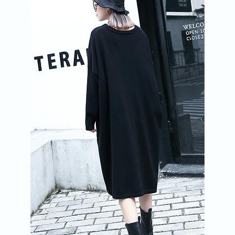 2019 black natural plus size baggy dresses vintage V neck drawstring natural cotton blended dress - SooLinen
