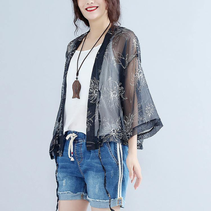 2019 casual gray prints silk cardigans oversize long sleeve tie bust tops - SooLinen