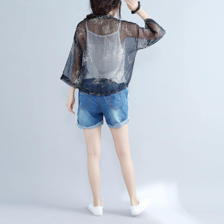 2019 casual gray prints silk cardigans oversize long sleeve tie bust tops - SooLinen