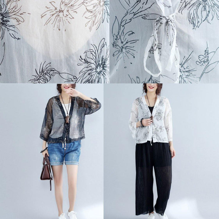 2019 casual gray prints silk cardigans oversize long sleeve tie bust tops - SooLinen