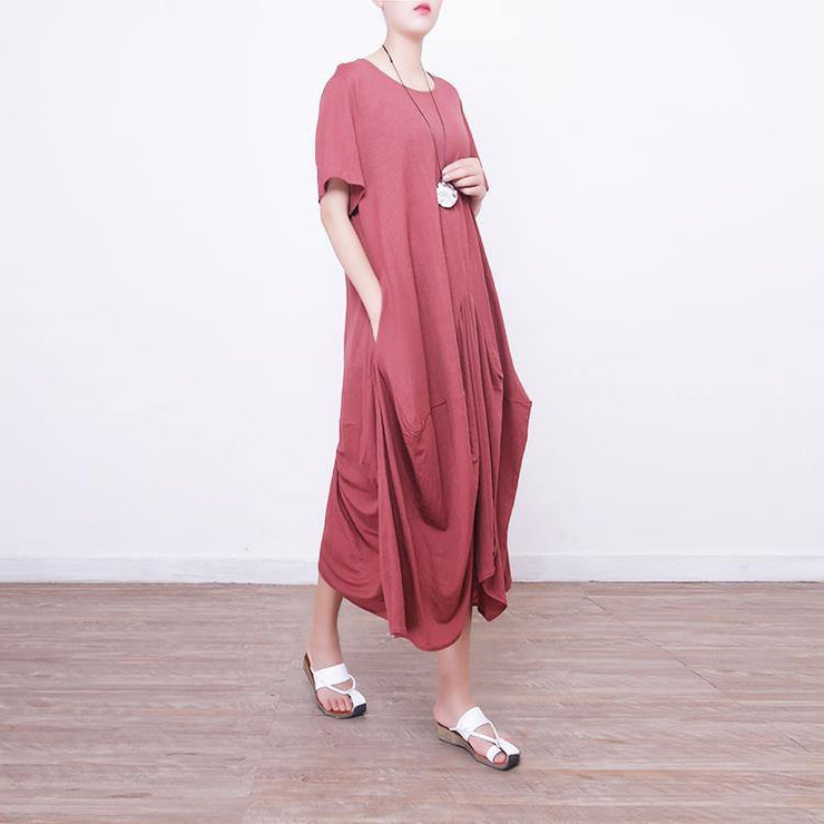 2018 red linen dress oversize short sleeve traveling dress vintage asymmetric maxi dresses - SooLinen
