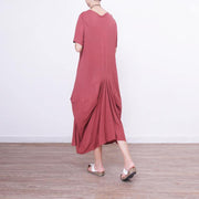 2018 red linen dress oversize short sleeve traveling dress vintage asymmetric maxi dresses - SooLinen