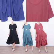 2018 red linen dress oversize short sleeve traveling dress vintage asymmetric maxi dresses - SooLinen