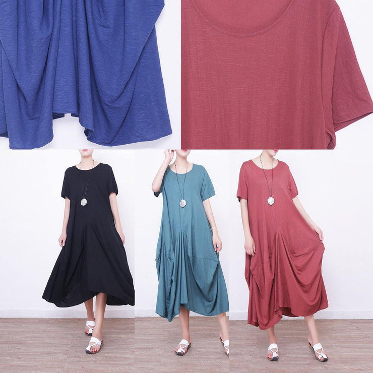 2018 red linen dress oversize short sleeve traveling dress vintage asymmetric maxi dresses - SooLinen
