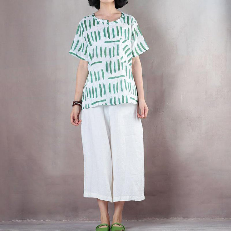 2018 white print linen tops plus size shirts vintage short sleeve o neck natural linen pullover - SooLinen