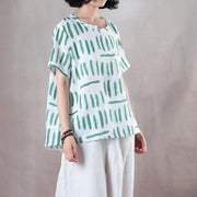 2018 white print linen tops plus size shirts vintage short sleeve o neck natural linen pullover - SooLinen
