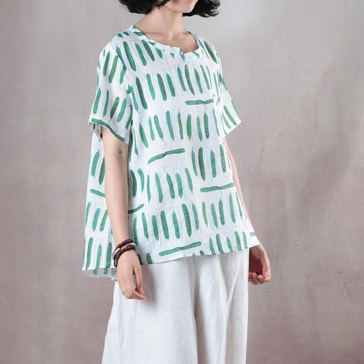 2018 white print linen tops plus size shirts vintage short sleeve o neck natural linen pullover - SooLinen