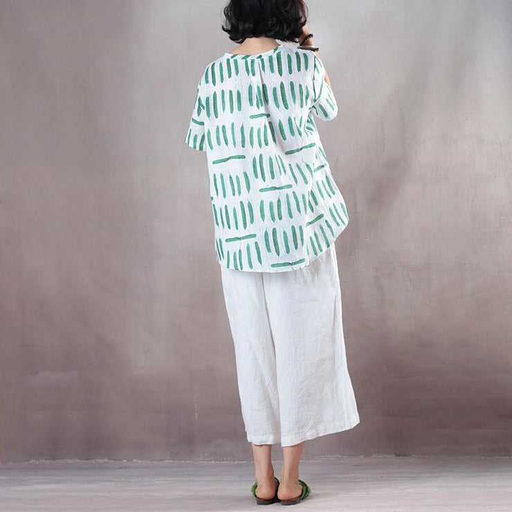 2018 white print linen tops plus size shirts vintage short sleeve o neck natural linen pullover - SooLinen