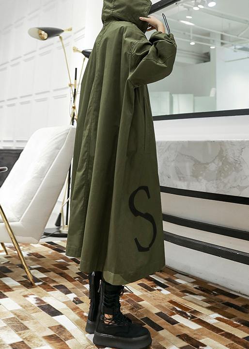 2019 army green coat plus size long fall coat hooded pockets zippered outwear - SooLinen