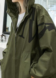 2019 army green coat plus size long fall coat hooded pockets zippered outwear - SooLinen