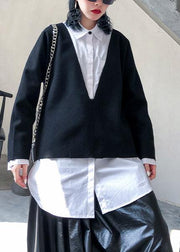 2019 autumn and winter new fashion large size long-sleeved V-neck wool tops white shirt female two-piece suit - SooLinen