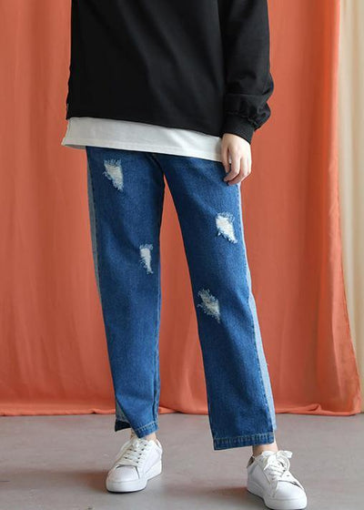 2019 autumn casual patchwork pants women elastic waist ripped jeans - SooLinen