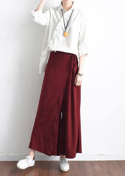 2019 autumn original design literary retro tie irregular wide leg casual burgundy pants - SooLinen