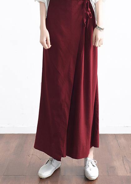 2019 autumn original design literary retro tie irregular wide leg casual burgundy pants - SooLinen