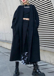 2019 black woolen overcoat plus size winter Notched tie waist coat - SooLinen