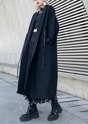2019 black woolen overcoat plus size winter Notched tie waist coat - SooLinen