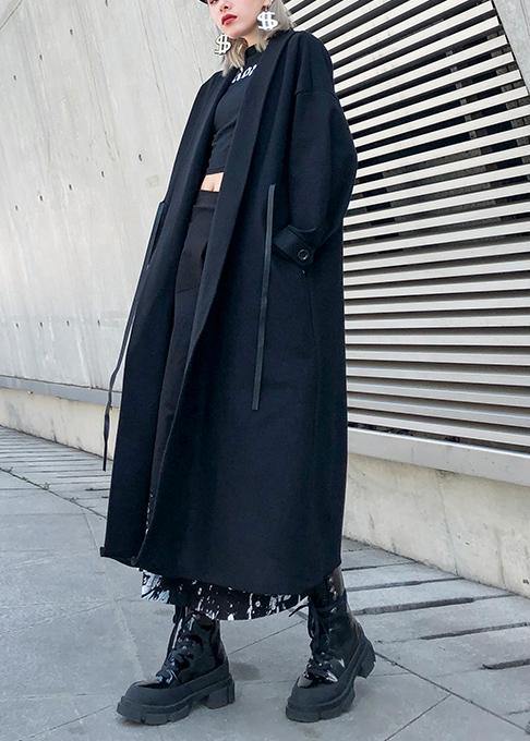 2019 black woolen overcoat plus size winter Notched tie waist coat - SooLinen