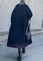 2019 black woolen overcoat plus size winter Notched tie waist coat - SooLinen