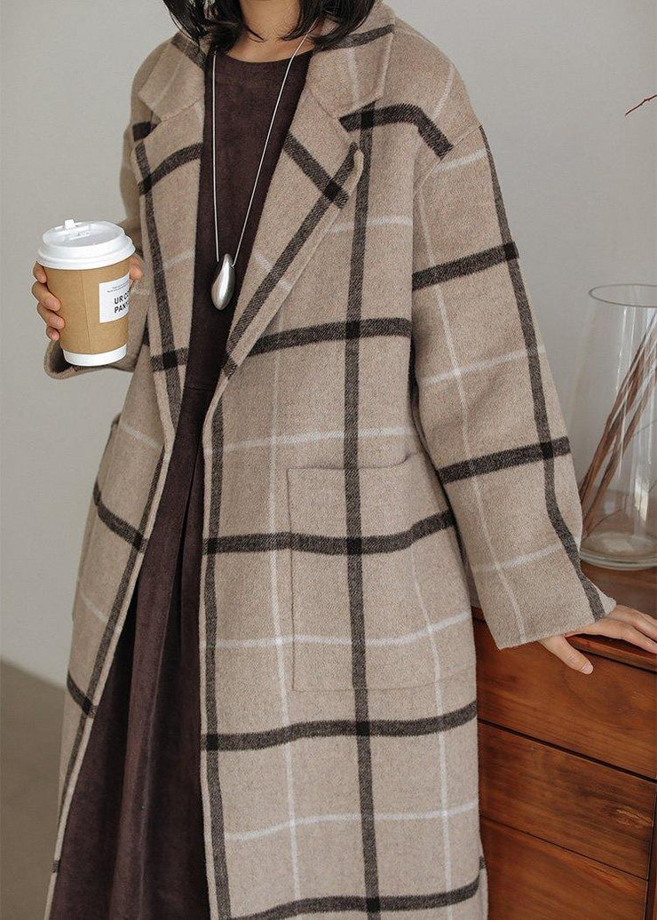2019 plaid wool coat plus size Notched pockets long woolen outwear - SooLinen
