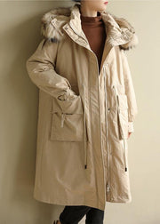 2019 plus size Jackets & Coats big pockets winter coats beige yellow fur collar coats - SooLinen