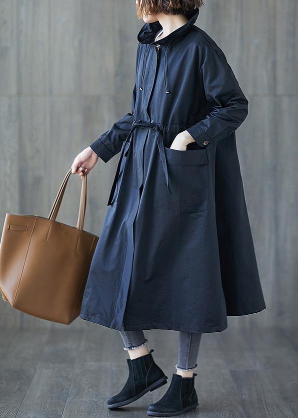 2019 Plus Size Fall Navy Ruffled Drawstring Zippered Coats - SooLinen