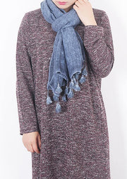 2019 winter blue women vintage scarf tassel cotton linen long scarfes - SooLinen
