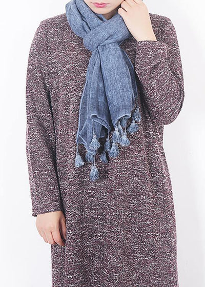 2019 winter blue women vintage scarf tassel cotton linen long scarfes - SooLinen