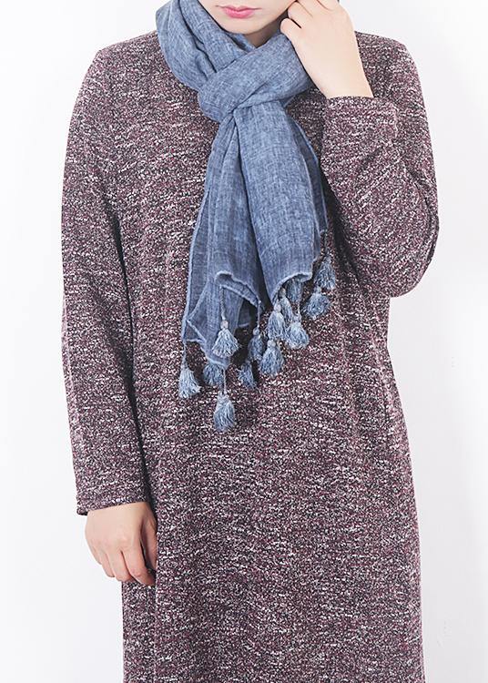 2019 winter blue women vintage scarf tassel cotton linen long scarfes - SooLinen