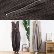 2021 lace-up waist light gray wide leg jumpsuit female summer cotton and linen jumpsuit - SooLinen