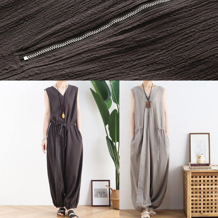 2021 lace-up waist light gray wide leg jumpsuit female summer cotton and linen jumpsuit - SooLinen