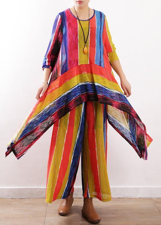 2021 spring casual patchwork color striped two pieces asymmetric hem tops and elastic waist women wide leg pants - SooLinen
